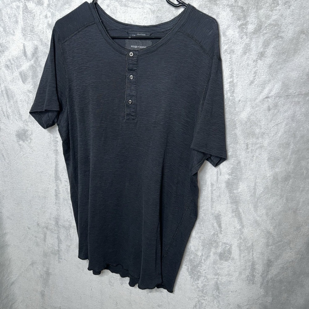 Wings+horns Shirt Mens Large Black Henley Short Sleeve Slub Knit Cotton Casual